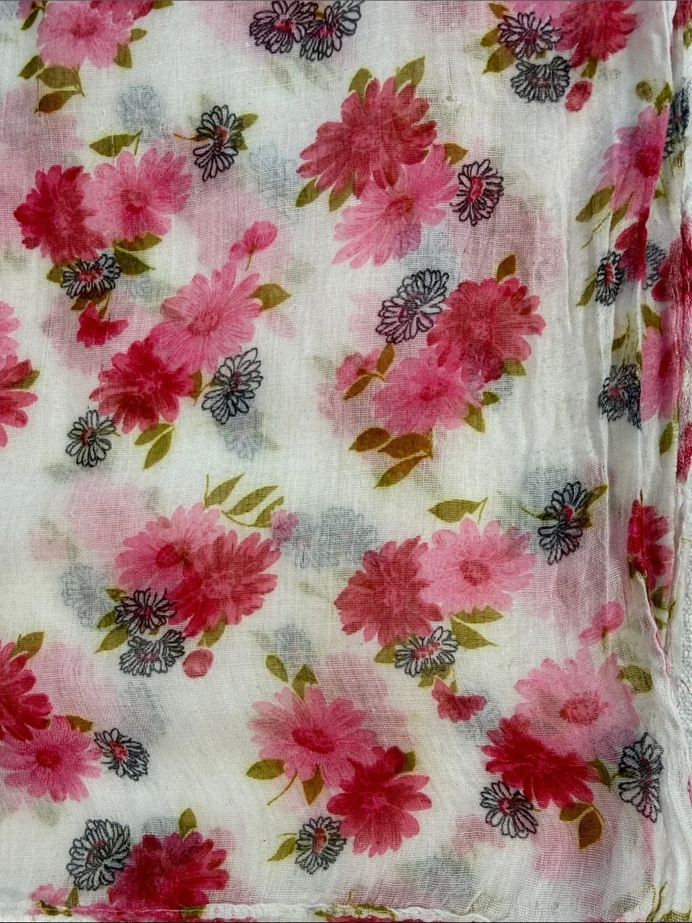 Red and pink daisy floral print scarf on gauzy sheer white background